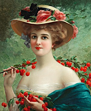 Beautiful Elegant Lady In Blue Green With Flowered Hat And Red Cherries